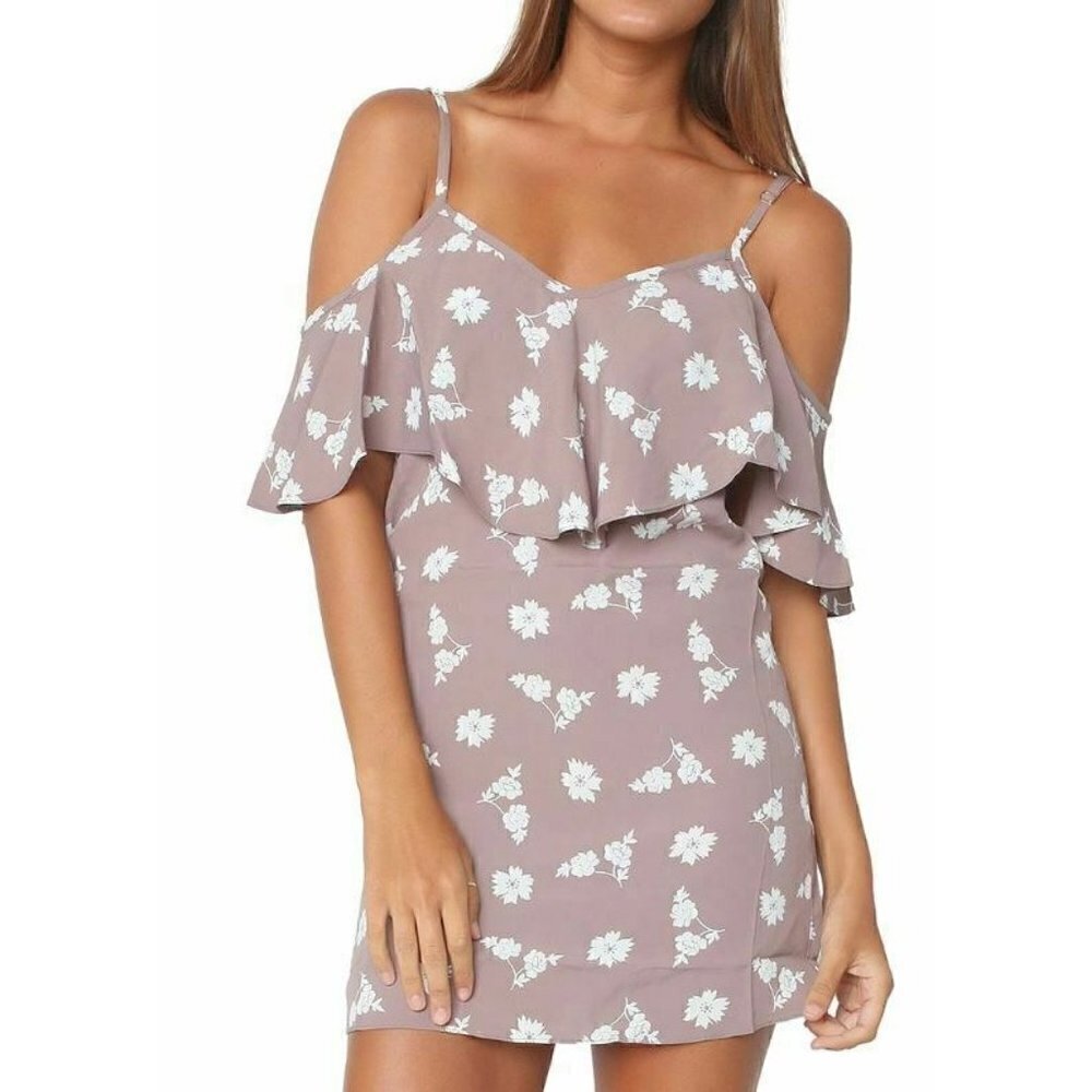 New Flynn Skye Grace Mini Dress Womens XS Stone Bunches Floral Off Shoulder